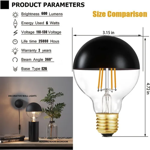 Miniatura 7 de Foco de medio cromo, bombillas LED Edison regulables de 6 W (equivalente a 60 W), forma de globo G80/G25 decorativa, luz reflejada mitad negra, luz