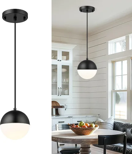 LMS Lámpara Colgante de Mediados de Siglo de 6 Pulgadas, Lámparas Colgantes de Color Negro Mate con Cristal de Globo Blanco, Lámparas de Techo