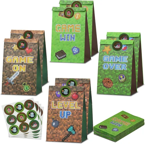 24 PCS Bolsas de Favores de Fiesta Pixel Miner Bolsas de Golosinas Temáticas de Pixel para Suministros de Fiesta de Cumpleaños, Niños y Niñas Bolsas