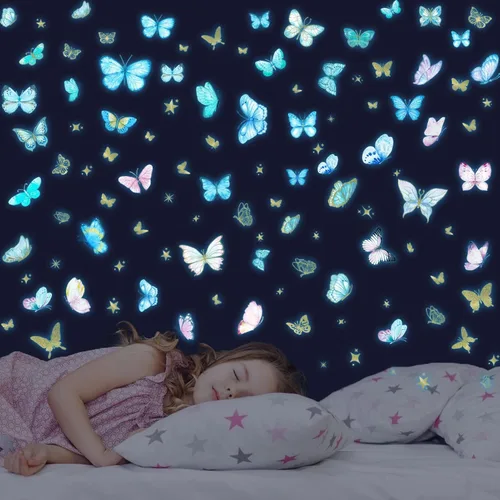 Miniatura 8 de Calcomanías de pared grandes arcoíris y unicornio que brillan en la oscuridad, calcomanías de pared de mariposas luminosas y estrellas brillantes