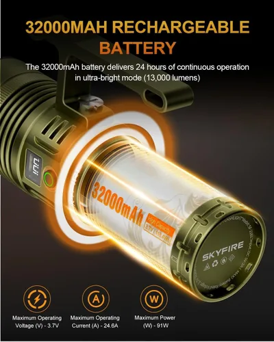 Miniatura 4 de SKYFIRE Foco recargable, 13000 lúmenes, linterna de alto lúmenes, 32000 mAh 24 horas de tiempo de ejecución LED, foco de mano impermeable IP67