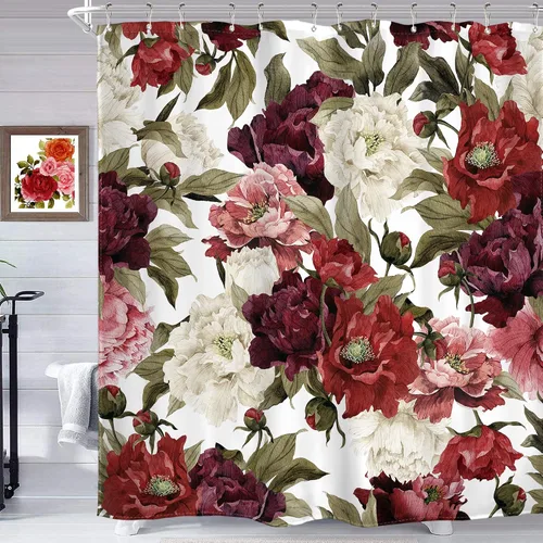 Miniatura 18 de Cortina de ducha floral roja para baño, 60 pulgadas de ancho x 72 pulgadas de largo, flor de cerezo, ciruela, estética asiática, japonesa, acuarela