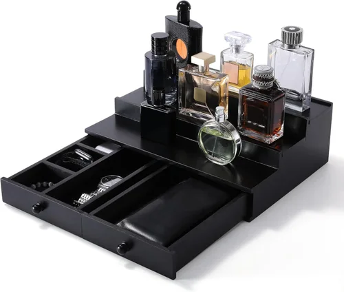 Organizador de colonia Boulphia para hombre, soporte de colonia de 3 niveles con cajón y compartimento oculto, estante de madera para exhibidor de