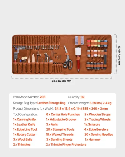 Miniatura 7 de VEVOR Kit de herramientas de trabajo de cuero, 92 piezas con bolsa de almacenamiento de cuero portátil, herramientas de lijado de estampación