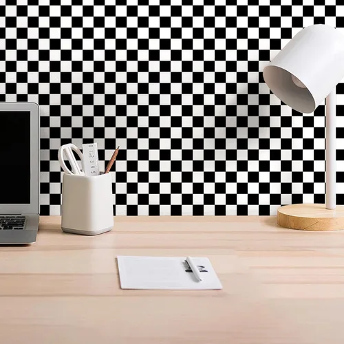 Miniatura 4 de Amiya Papel tapiz a cuadros para despegar y pegar, papel de contacto de mosaico blanco y negro, un juego de 17.3 x 480 pulgadas, moderno papel