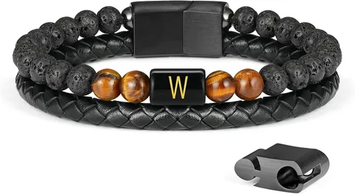 Miniatura 36 de LUXEJEW Regalo Navidad para hombre, brazalete de cuero con cuentas, con letra inicial nombre, 15/64 de pulgada, ágata mate, hecho a mano, ajustable