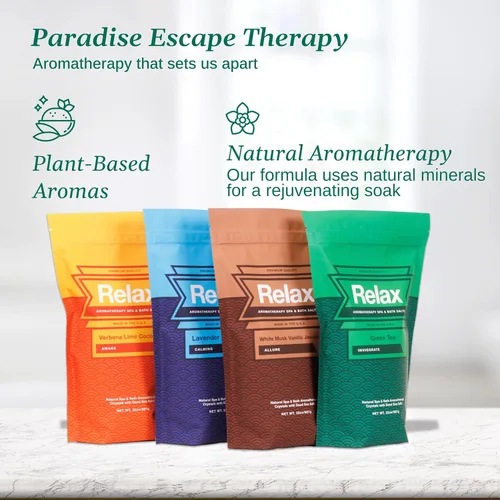 Miniatura 6 de Relax Spa & Bath Paquete variado de sales de baño de aromaterapia para bañera de hidromasaje, baño o spa, cuatro bolsas de 2 libras infundidas