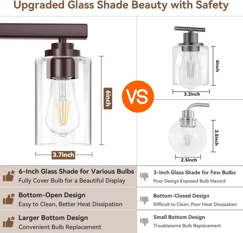 Miniatura 4 de Lámparas de baño de 3 luces, 19 pulgadas, modernas luces de tocador sobre espejo con pantallas de vidrio transparente, accesorio de luz marrón