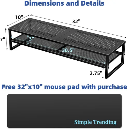 Miniatura 6 de Simple Trending - Soporte de dos niveles de metal para monitor dual, organizador de escritorio para oficina con alfombrilla para mouse de 32"x10