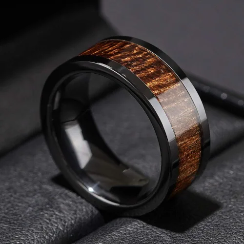 Miniatura 2 de THREE KEYS JEWELRY 6,8mm Black/White Ceramic Wedding Ring with Real Koa Wood Inlay Flat Top Wedding Band Engagement Ring Comfort Fit Size 4-16