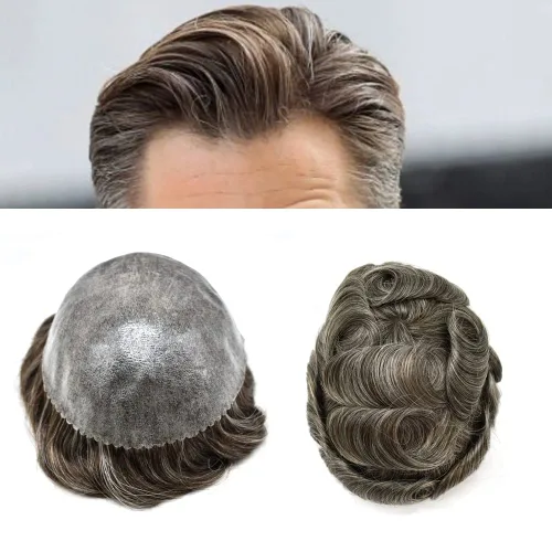 Miniatura 18 de Toupee para hombres Sistema de reemplazo de cabello humano Full Poly Mens Toupee Hairpiece inyectado PU peluca para hombre sistemas de cabello 1B#