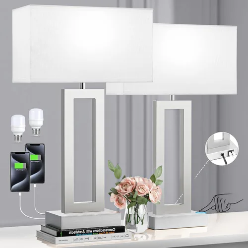 Seealle Lámparas de dormitorio de 22 pulgadas de alto para sala de estar, lámparas de noche de níquel cepillado táctil con USB C+A, lámpara