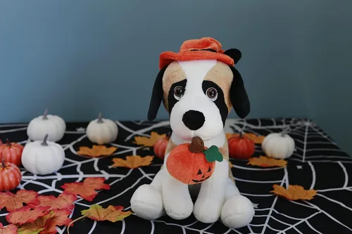 Miniatura 6 de Plushland Halloween Pawpals - Juguete de peluche para cachorros de 8 pulgadas, viene con sombrero y linterna Jack O Lantern de Halloween, calabaza