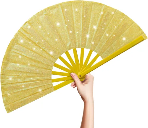 Miniatura 9 de OMyTea Ventilador grande con purpurina para baile de línea, botas de 13 pulgadas en el suelo, ventilador de mano plegable para EDM, festival de Negro