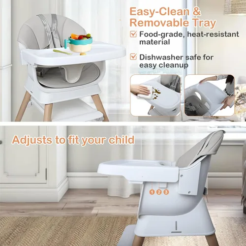 Miniatura 4 de Silla alta convertible 9 en 1 con asiento elevador, trona de madera para bebés y niños pequeños con bandeja extraíble y arnés de 5 puntos, asiento
