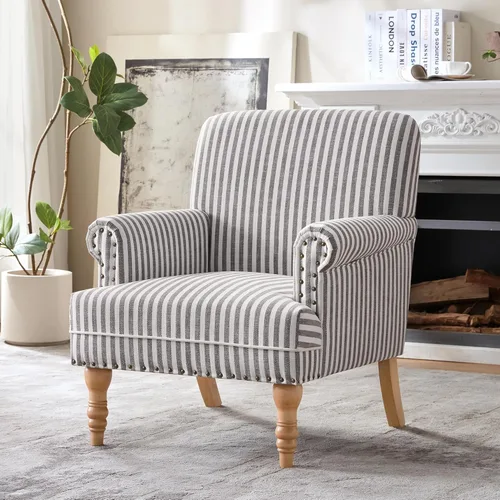 Miniatura 12 de HUIMO Silla decorativa de tela de lino, sillón moderno de mediados de siglo con patas de madera maciza, sillón individual, silla tapizada para club