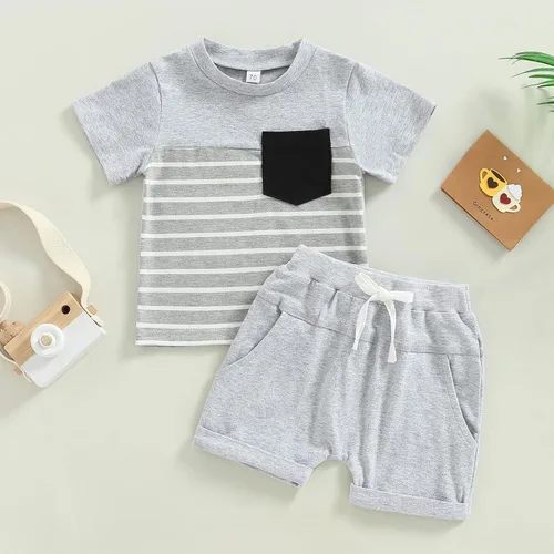 Miniatura 84 de Conjunto de traje de verano para bebé niño pequeño, manga corta, cuello redondo, letras impresas, lindo traje de verano, conjunto de 2 piezas