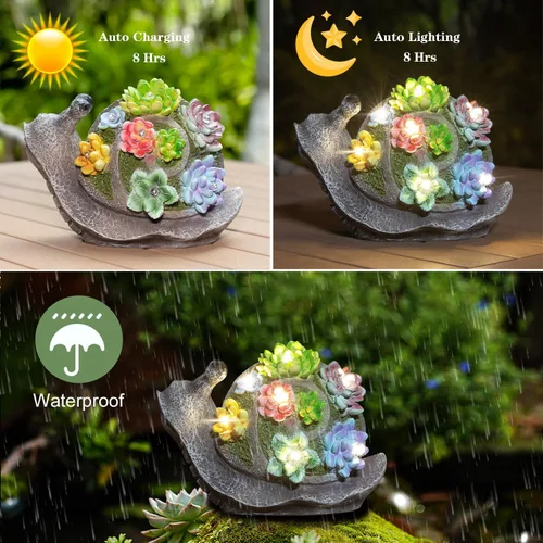 Miniatura 6 de pearlstar Estatuas de jardín, estatua solar de caracoles, decoración de jardín, bonitas figuras de caracoles de resina con 7 luces solares LED