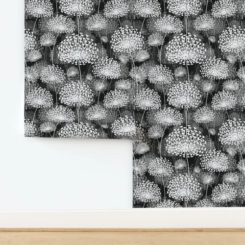 Miniatura 4 de Spoonflower Papel tapiz para despegar y pegar, diseño de dientes de león blanco y negro, flores de estilo vintage, floral, naturaleza, papel tapiz