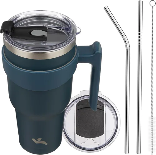 Miniatura 68 de Konokyo - Vaso de 10 onzas con asa y 2 popotes, 2 tapas, botella de agua aislada de acero inoxidable, taza de viaje reutilizable, color verde militar