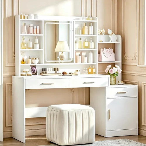 Miniatura 10 de HEXCELEN Tocador Grande de 47.2 Pulgadas con Espejo, Tocador con Luz LED, Tocador de Maquillaje con Regleta de Enchufes, 8 Cajones y 8 Estantes