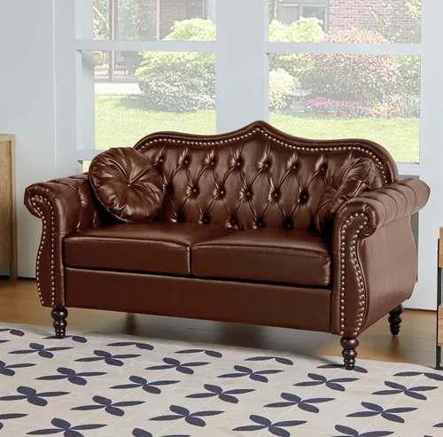 Miniatura 27 de AVZEAR 82" Sofá de tres plazas de cuero, sofá Chesterfield, sofá tapizado en PU de estilo moderno de mediados de siglo, sofá de sala de estar