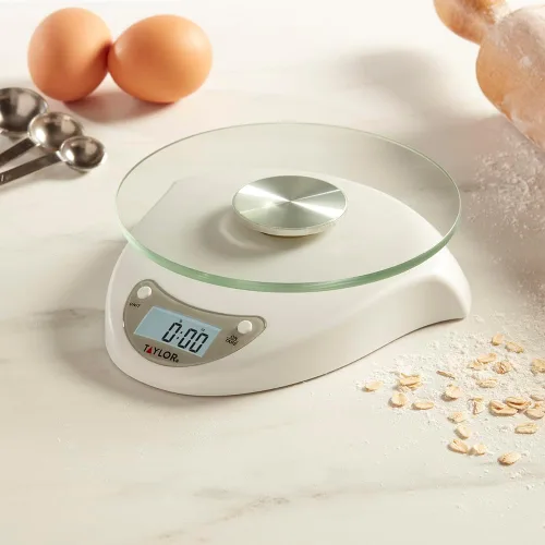 Miniatura 5 de Taylor Báscula digital de cocina con plataforma de vidrio, botón de tara y cuerpo de plástico que pesa hasta 11 libras de capacidad, color blanco