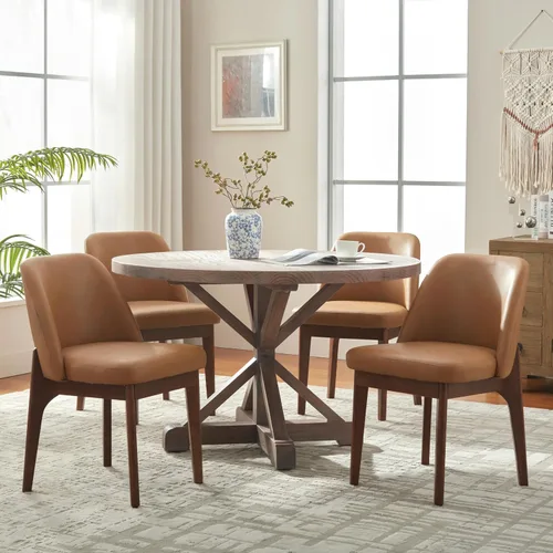 Miniatura 19 de VKNOW Juego de 2 sillas de comedor modernas, sillas de cocina de piel sintética con patas de madera, sillas laterales tapizadas para cocina, Beige