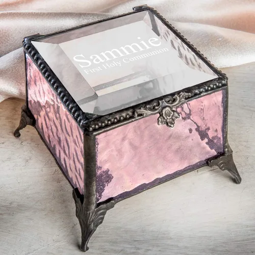 Miniatura 3 de Caja de recuerdo personalizada de regalo de primera comunión para niña, vitral, joyería grabada J Devlin EB218-2 (rosa)