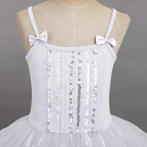 Miniatura 3 de AFAVOM Vestido de ballet con lentejuelas y flecos para niñas pequeñas, vestido de ballet con purpurina y plumas, tutú con falda, leotardo