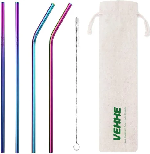 VEHHE Pajitas de metal de acero inoxidable reutilizables para beber, juego de 4 popotes reutilizables de 10.5 pulgadas, cepillo de limpieza de color