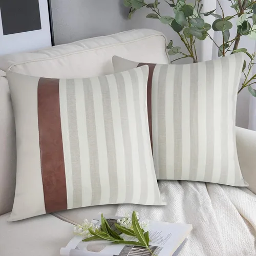 Juego de 2 fundas de almohada de piel sintética y lino de 18 x 18 pulgadas, fundas decorativas para almohadas decorativas color blanco y crema,