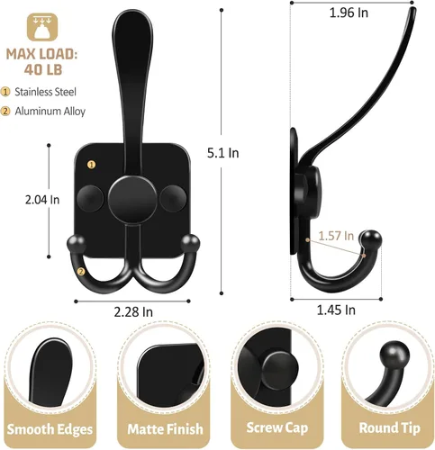 Miniatura 6 de VIS'V Ganchos para colgar abrigos de pared, ganchos de metal autoadhesivos de 3 puntas para puerta de entrada, 2 opciones de montaje, negro, 4