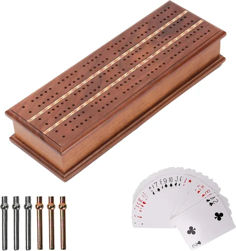 GSE Games & Sports Expert Caja de juego de mesa de Cribbage de madera de 2 pistas con naipes, clavijas de metal y cajón de almacenamiento, tablero