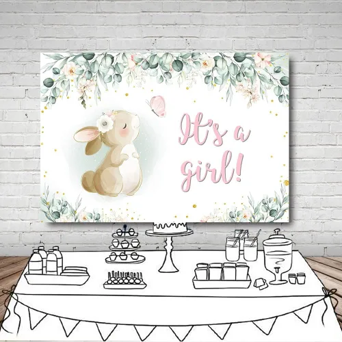 Miniatura 4 de MEHOFOND Fondo para decoración de fiesta de baby shower, de 7 x 5 pies, pancarta de primavera de Pascua, rosa, floral, mariposa, conejo, hojas
