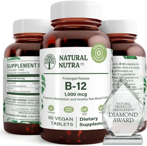 Natural Nutra Vitamina B12 1000 mcg, suplemento de cobalamina B 12, fosfato de calcio, ayuda en la salud del metabolismo, apoya el sistema nervioso,