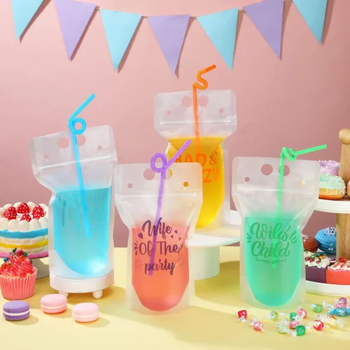 Miniatura 4 de Hoolerry 24 bolsas de bebidas para dama de honor con pajitas, bolsas de bebidas para adultos con alcohol de 17 onzas de mano, tazas traviesas