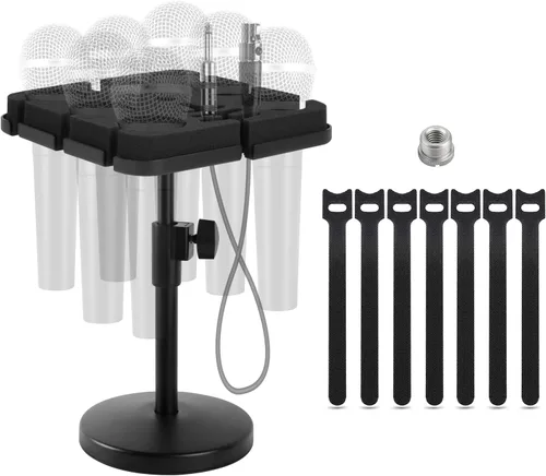 Soporte para micrófonos múltiples, soporte de micrófono con cable e inalámbrico para soporte, soporta hasta 7 micrófonos, aluminio, negro con soporte