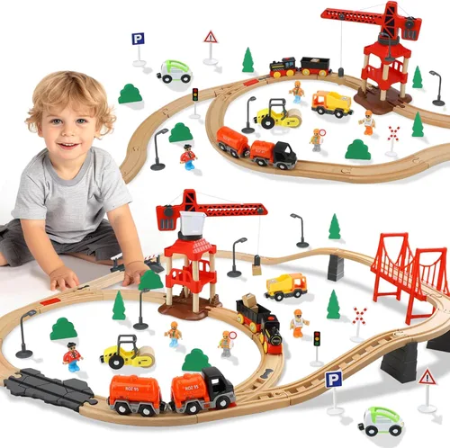 TOY Life Juego de Tren de 81 Piezas con Grúa y Locomotora, Juguete de Tren de Madera, Vías de Tren de Madera para Niños Pequeños de 3, 4, 5 Años,