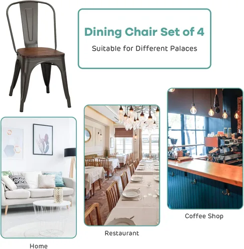 Miniatura 7 de HAPPYGRILL Juego de 4 sillas de comedor, sillas de cocina de metal para interiores y exteriores con asiento de madera y respaldo alto, sillas