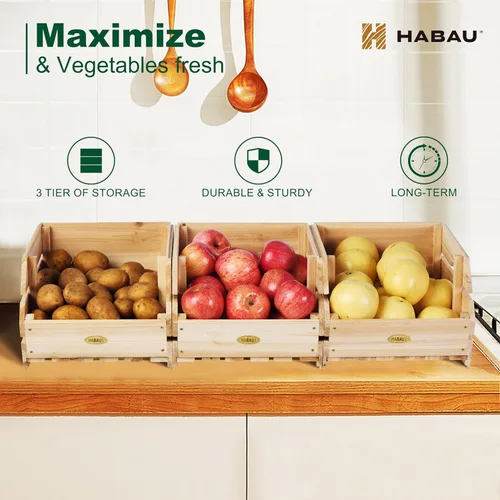 Miniatura 4 de Contenedores de almacenamiento de cebolla de patata de madera, cesta apilable de madera, almacenamiento de frutas y verduras para organización
