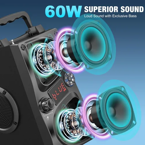 Miniatura 2 de Altavoz Bluetooth, 60W (Pico) Altavoces Inalámbricos Portátiles Pequeños para Fiestas en Casa con Doble Subwoofer de Graves Profundos, Radio, Luces