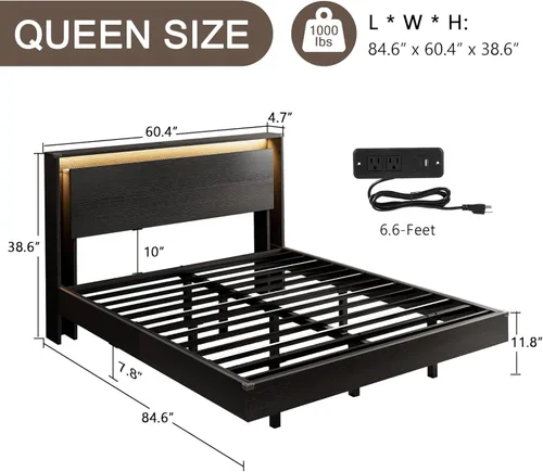 Miniatura 2 de Einhomn Marco de Cama Tamaño Queen con Luces LED y Estación de Carga – Marco de Cama Queen Flotante de Madera para Niños con Cabecera de Negro