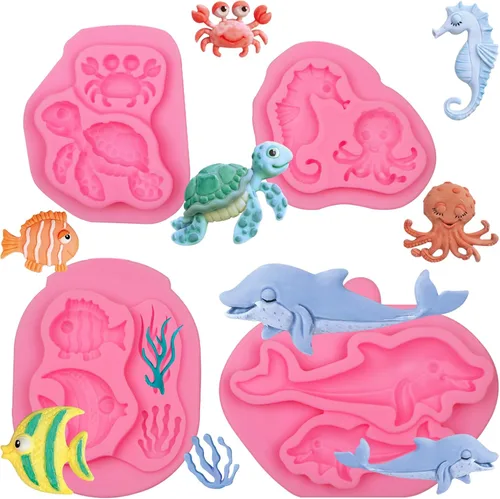 Moldes de silicona para fondant de peces de tortuga marina, 4 paquetes de moldes de chocolate con delfín de coral marino para decoración de Pescado
