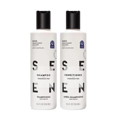 SEEN Paquete de champú y acondicionador, sin fragancia, juego de cuidado del cabello no comedogénico, desarrollado por dermatólogos, seguro para