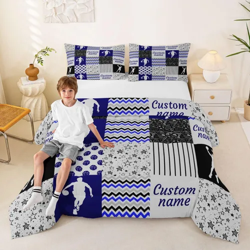 Miniatura 10 de Juego de edredón de softbol personalizado, juego de ropa de cama de retazos a cuadros para niños y niños, edredón de bate de béisbol, juego