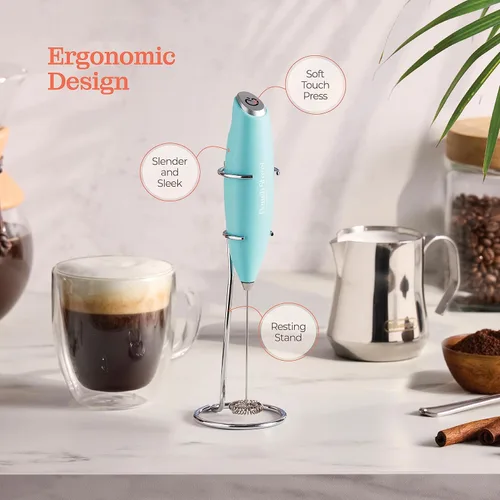 Miniatura 4 de Espumador de leche de mano potente, mini espumador de leche, mezclador de bebidas con batería (no incluida) de acero inoxidable con soporte