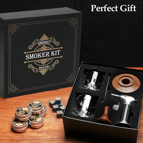 Miniatura 8 de Kit ahumador para whisky con antorcha - 6 sabores de astillas de madera, 2 vasos, 6 piedras para whisky, kit infusor para ahumar cócteles, kit Ébano
