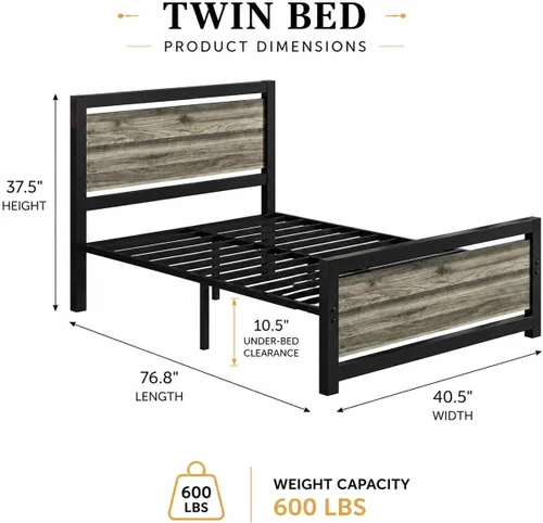 Miniatura 2 de Catrimown - Marcos de cama tamaño individual, marcos de cama individuales con cabecero y pie de cama, marco de cama de plataforma individual de Gris