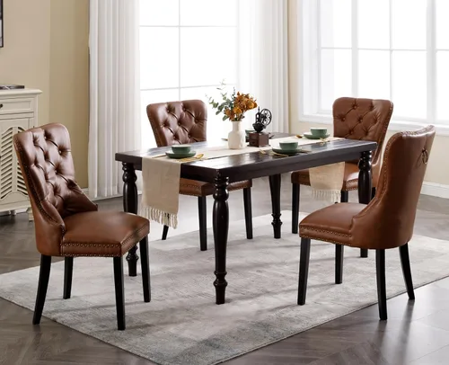 Miniatura 15 de EALSON Juego de 2 sillas de comedor modernas de cuero de mediados de siglo con patas de madera, sillas laterales de cocina tapizadas con ribete